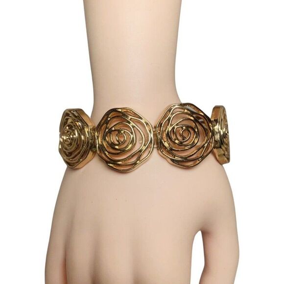 Gold Tone Swirl Rose Statement Pendant Chain Necklace And Bracelet Set 23” - Picture 7 of 12